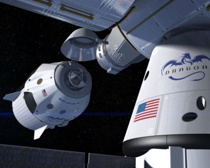 Artist's concept of SpaceX spacecraft docking at the station.
